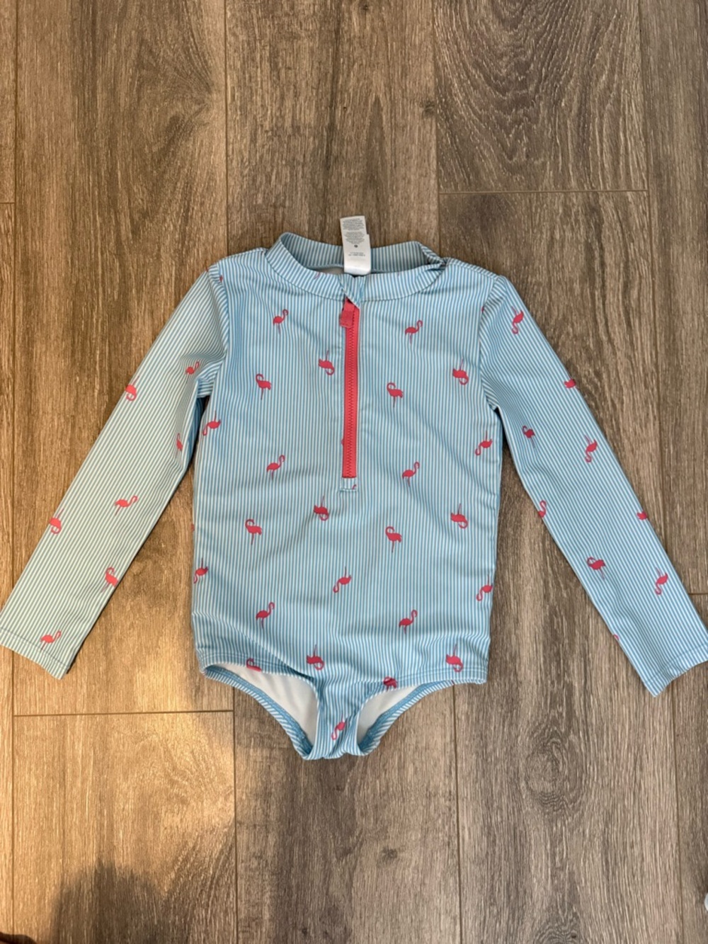 Carter's Long-Sleeve One-Piece Swim Suit in Light Blue with Pink Flamingos